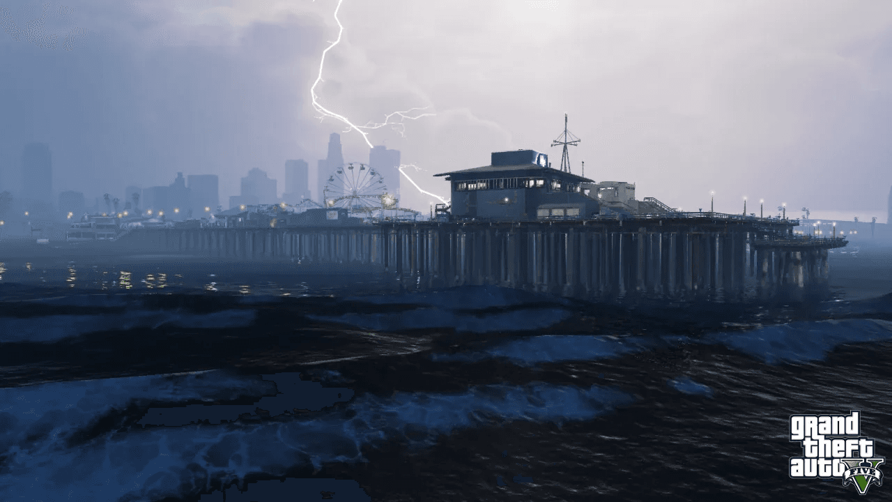 Skyline collage of GTA cities including Los Santos, Vice City and Liberty City