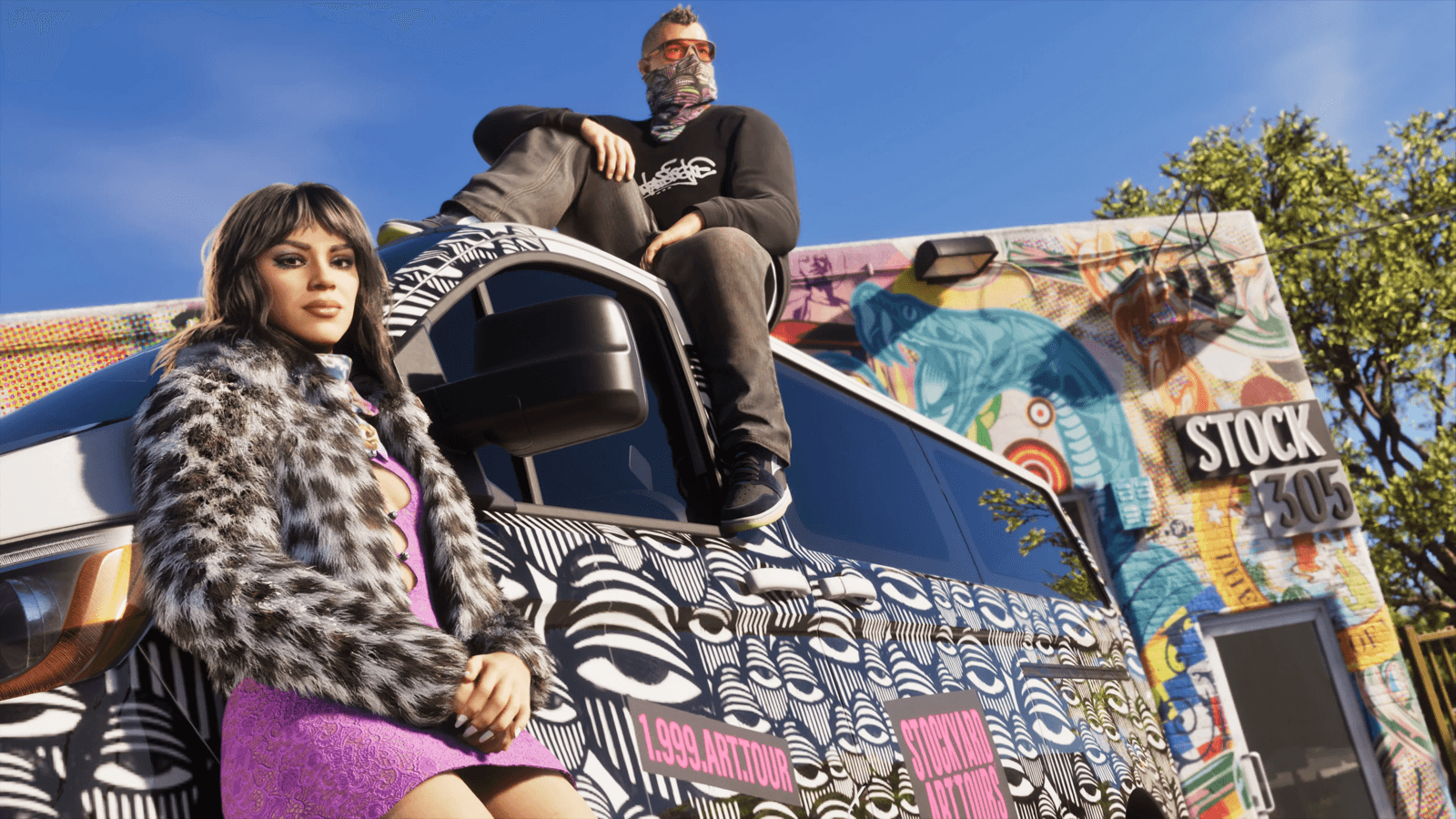 GTA 6 protagonists Jason and Lucia with a graffiti-wrapped van in Vice City, the game that now requires a pricier current-gen console