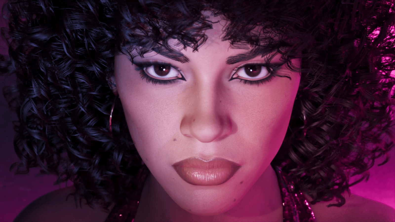 A close-up of Lucia in neon light in GTA 6, official screenshot