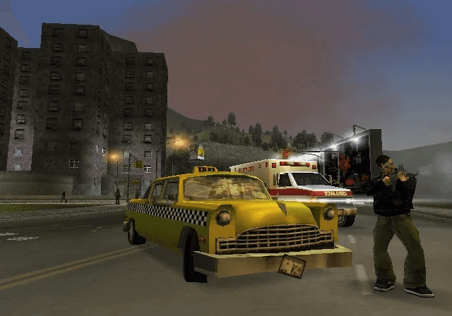 GTA III rampage skull pickup glowing on a Liberty City street