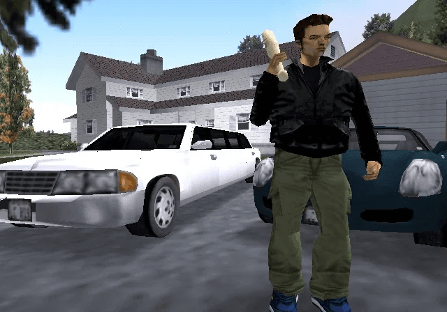 A Liberty City mobster in a dark suit standing outside a Portland restaurant in GTA III
