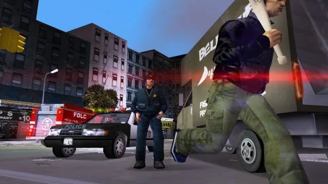 A Liberty City street enforcer with baseball bat near a police cruiser in GTA III