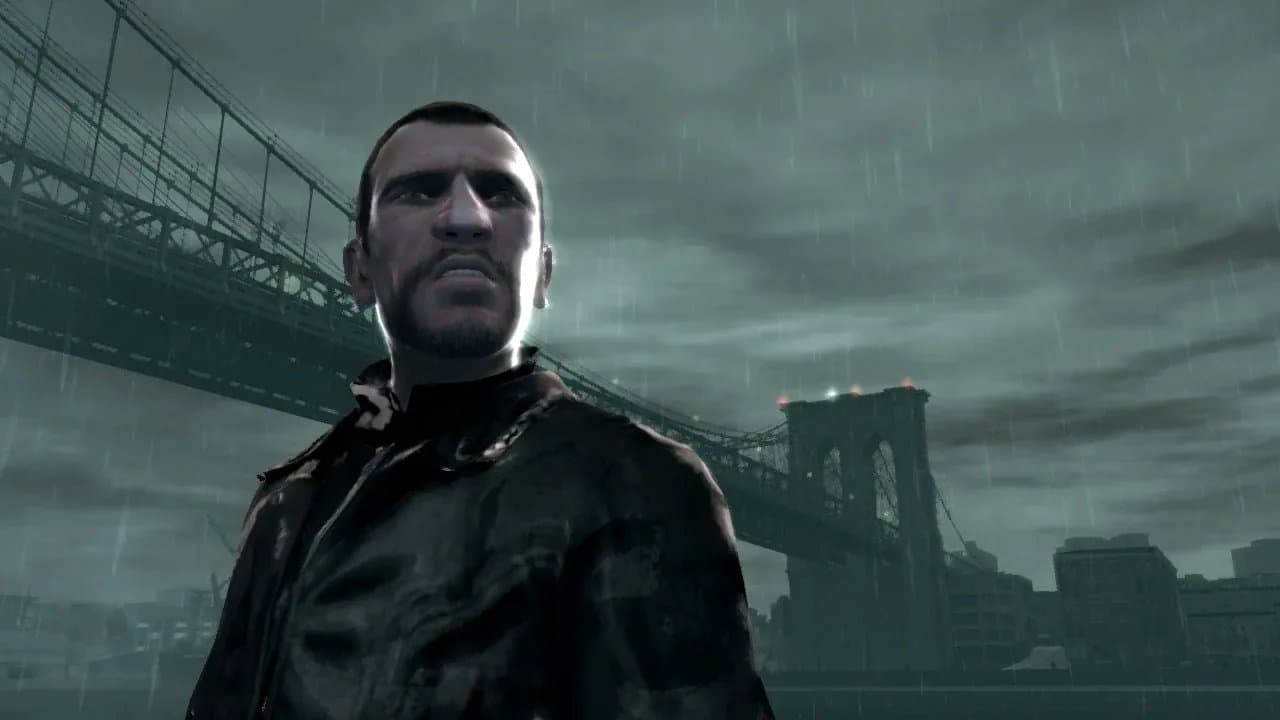 Niko Bellic in front of the Algonquin Bridge in Grand Theft Auto IV