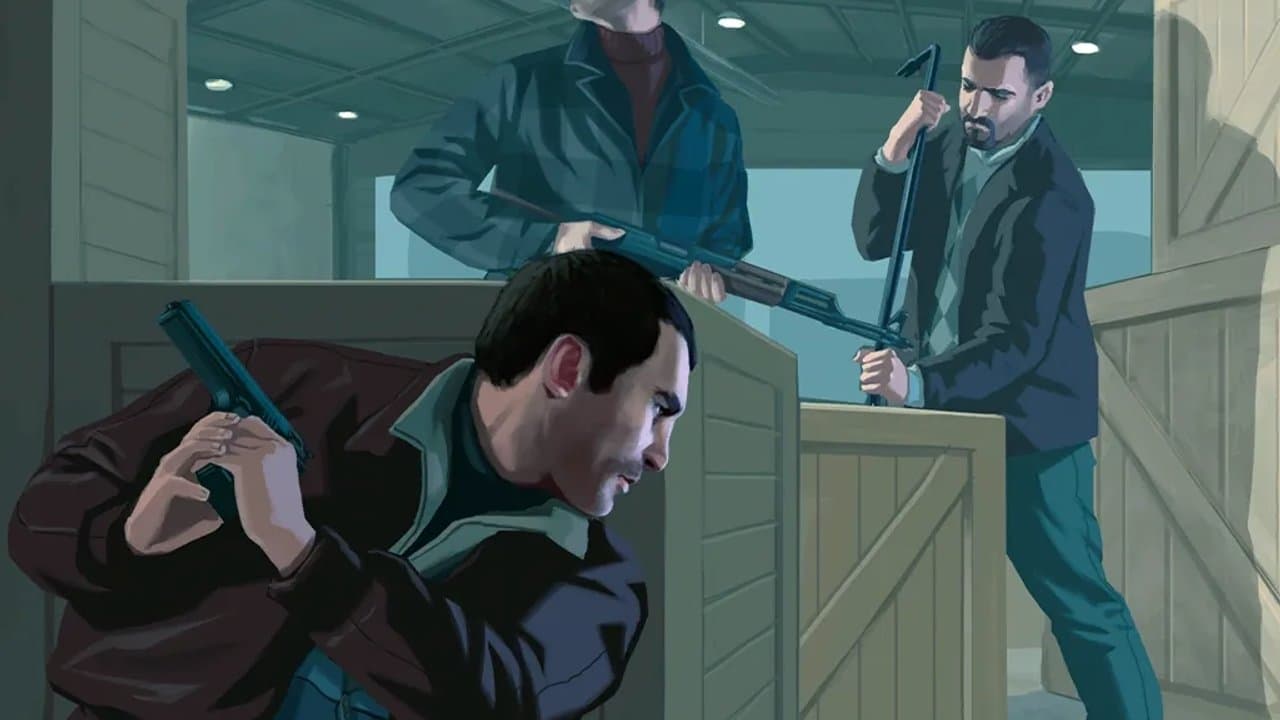 Niko Bellic taking cover during a Liberty City gunfight