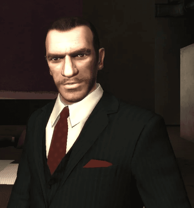 Niko Bellic aiming a pistol during a Liberty City confrontation in GTA IV