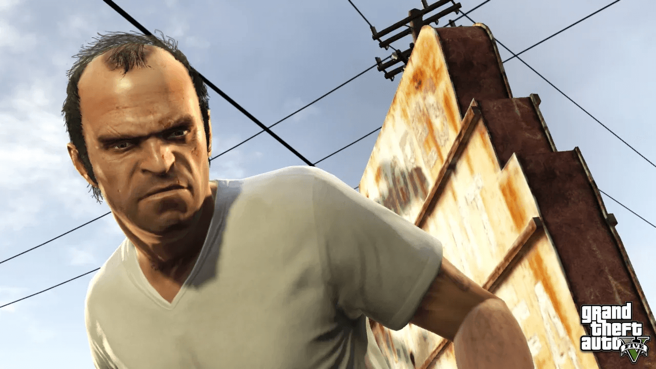 A GTA 5 character parachuting over Los Santos toward a landing zone