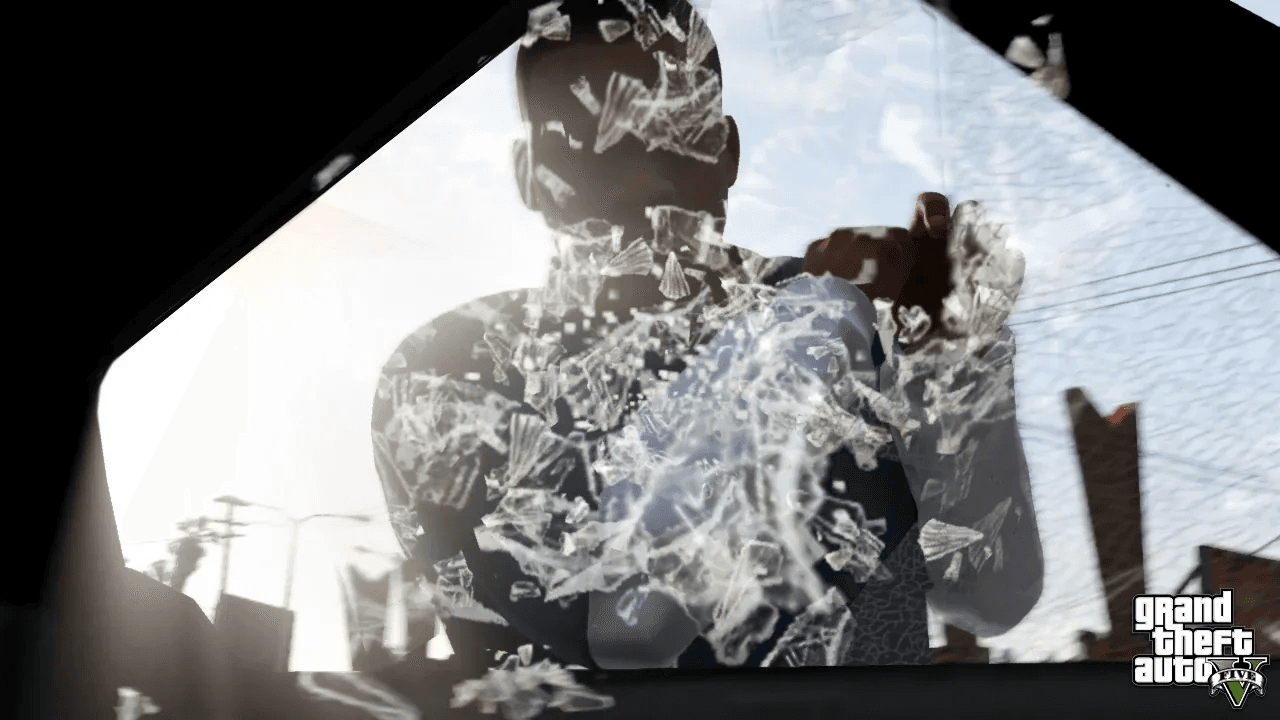 A staged scene in GTA 5 Director Mode with a story character posed against the Los Santos skyline
