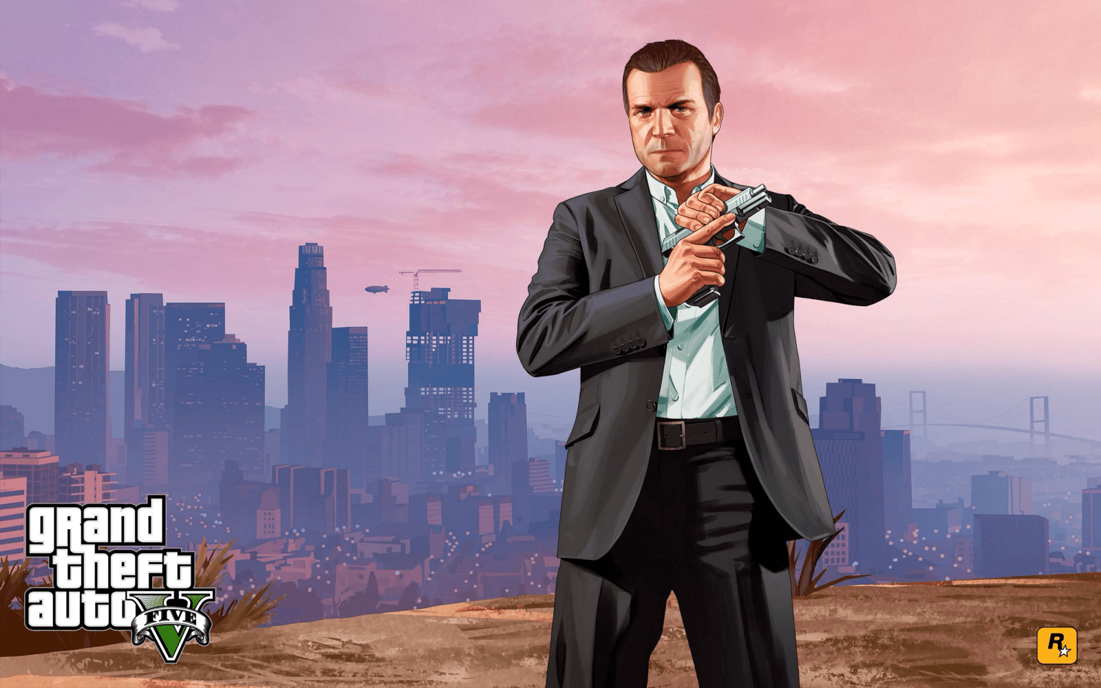 Official Grand Theft Auto 5 artwork of Michael De Santa in a suit loading a pistol against the Los Santos skyline