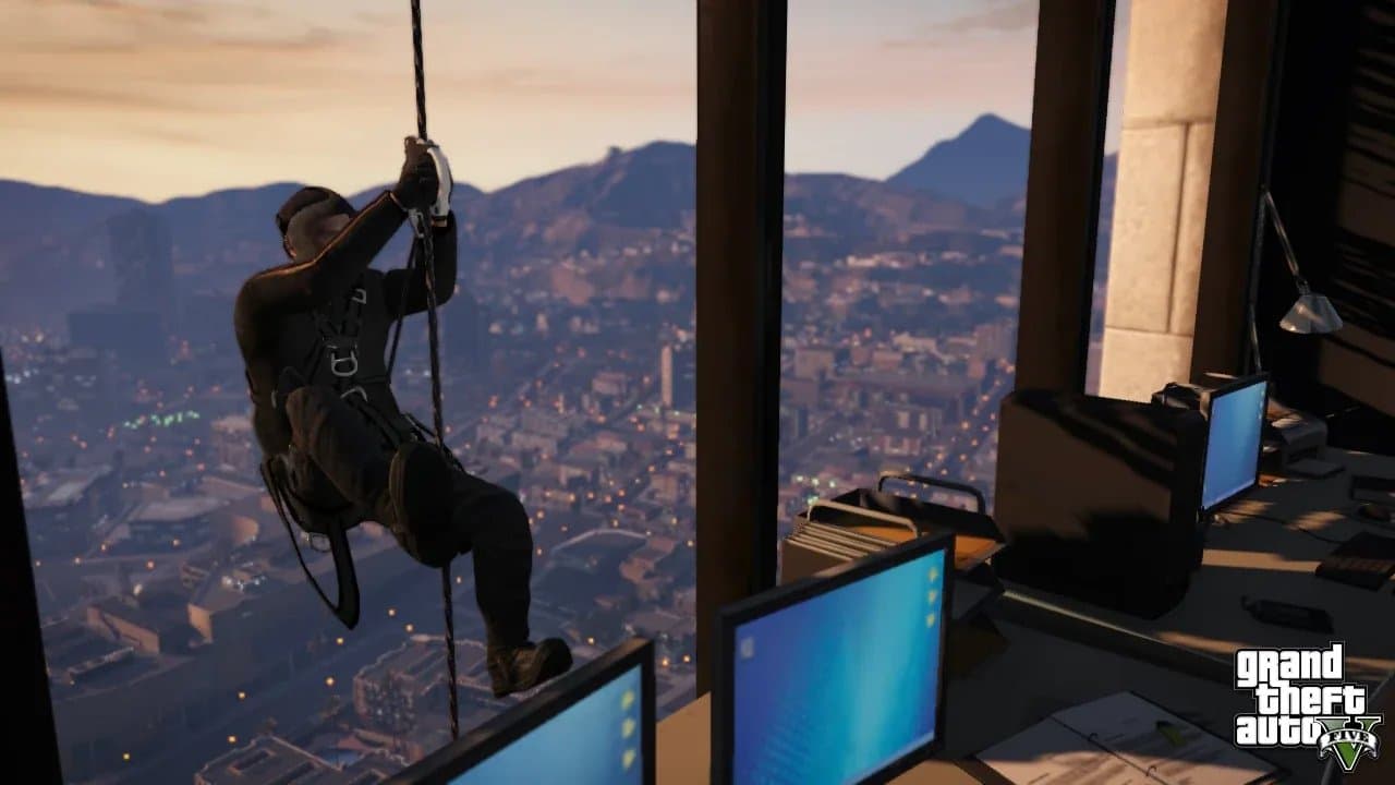 A heist operative rappelling into a Los Santos high-rise office