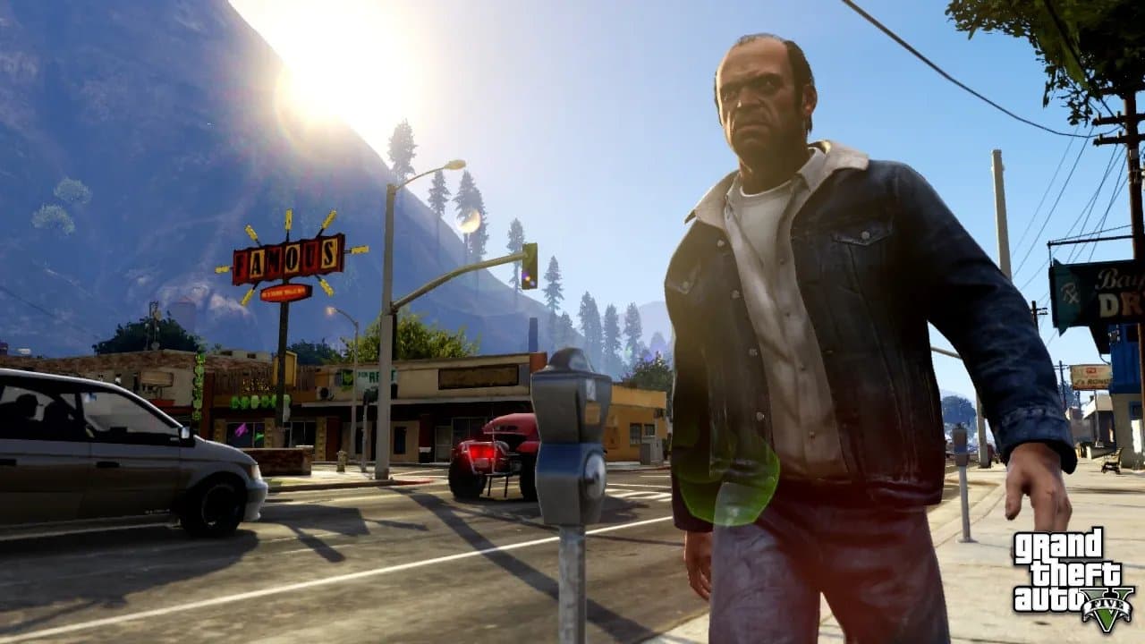 Trevor Phillips walking through downtown Los Santos in GTA V