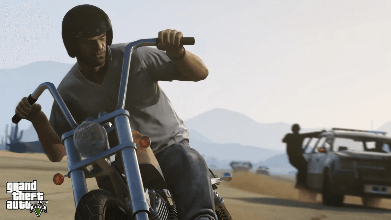 Trevor riding a chopper away from a police pursuit in Blaine County, GTA 5