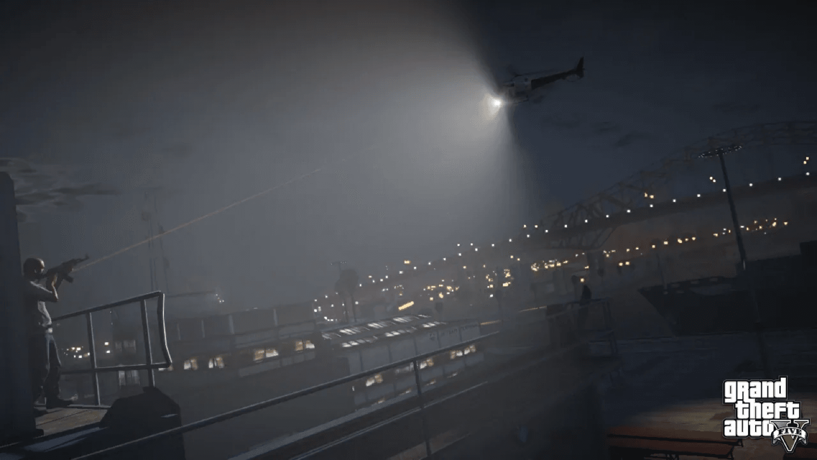 A GTA 5 character on a rooftop at night as a police helicopter searchlight sweeps Los Santos