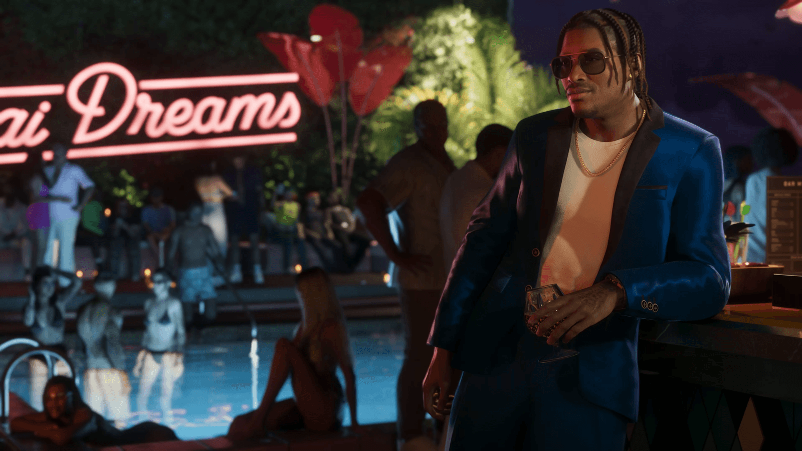 GTA 6 character figures from official trailers set against a Vice City skyline