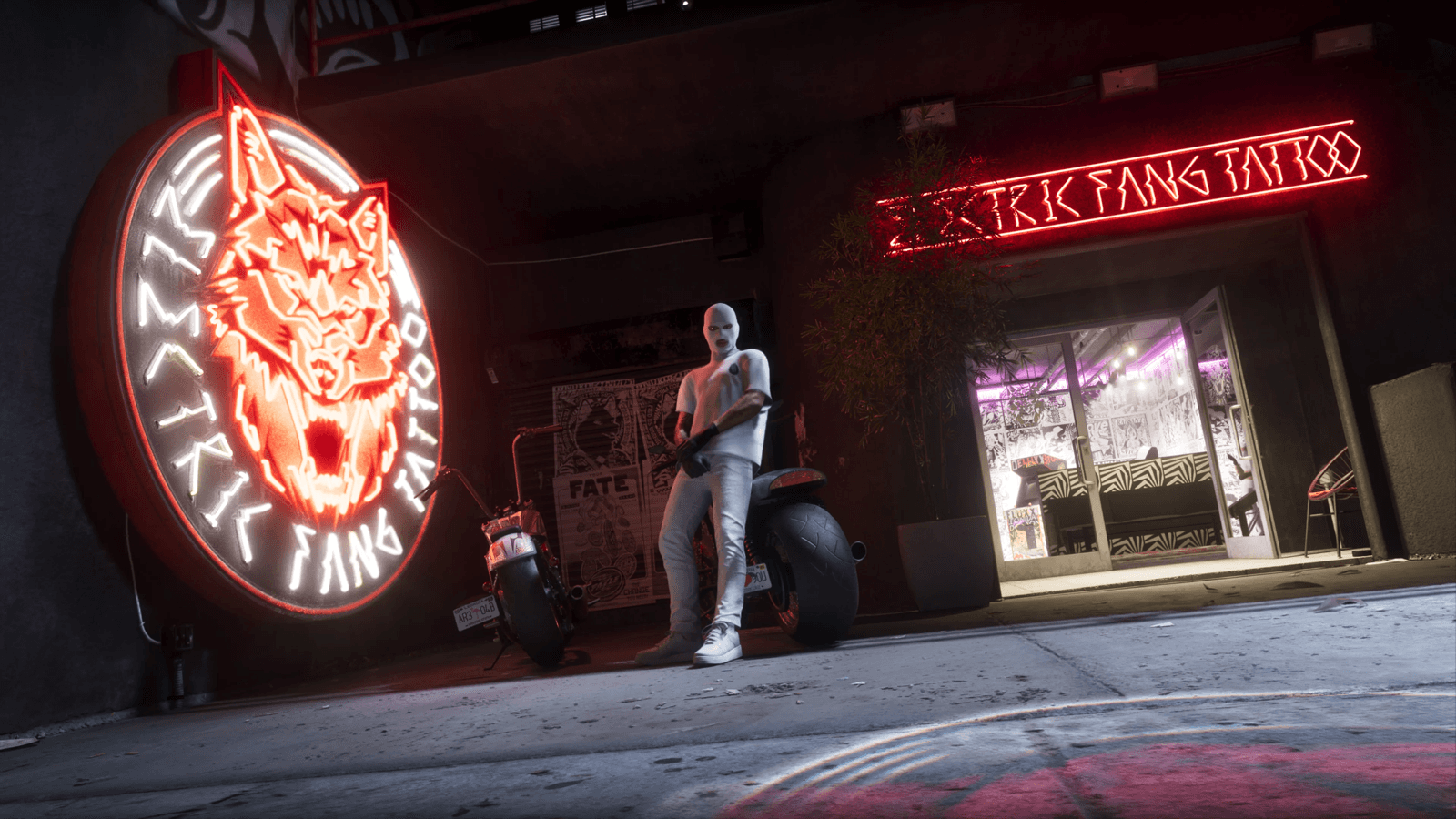 A neon-lit tattoo parlor exterior at night in GTA 6