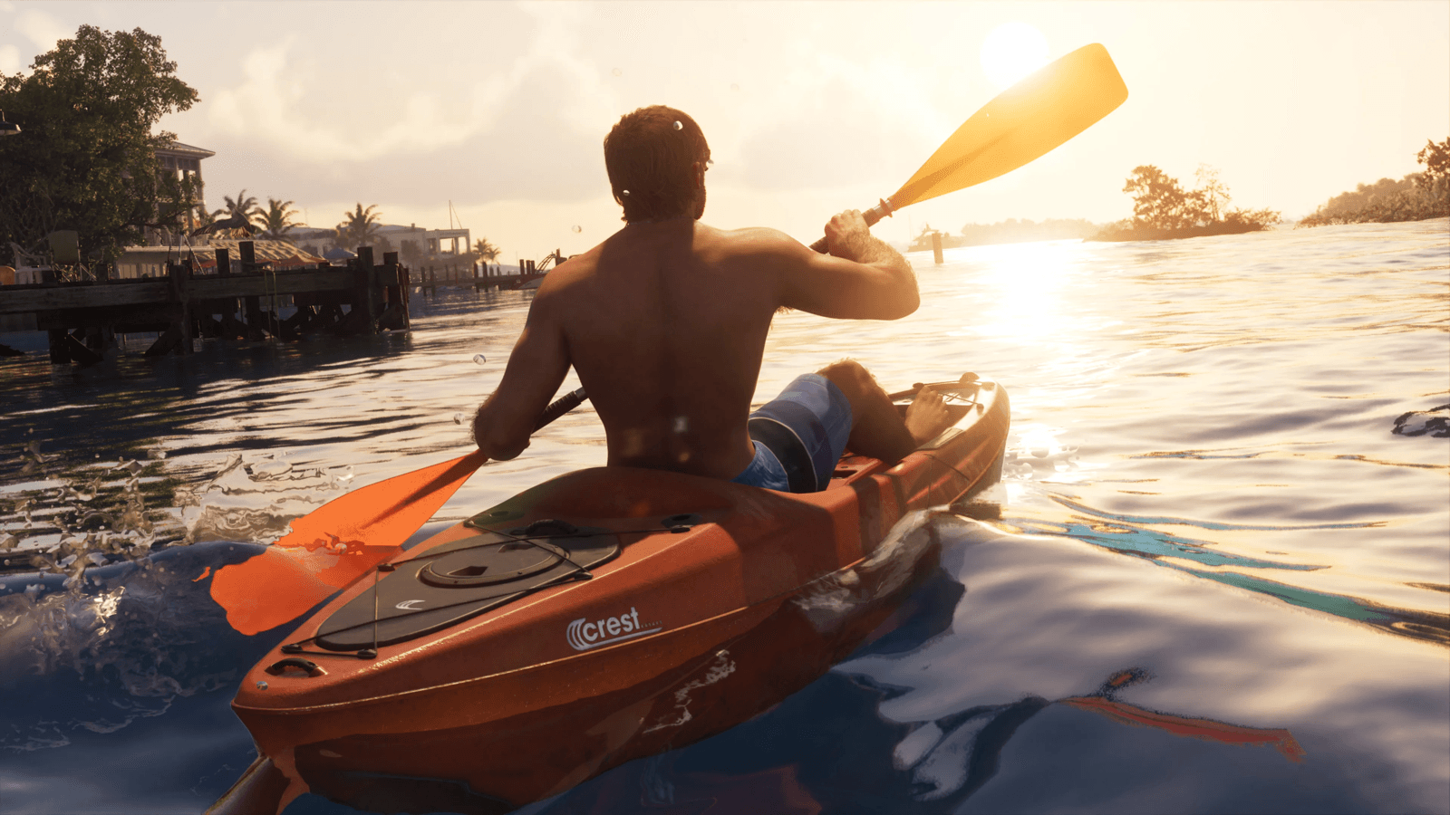 Jason kayaking across sunlit water off the Leonida coast in GTA 6, official screenshot