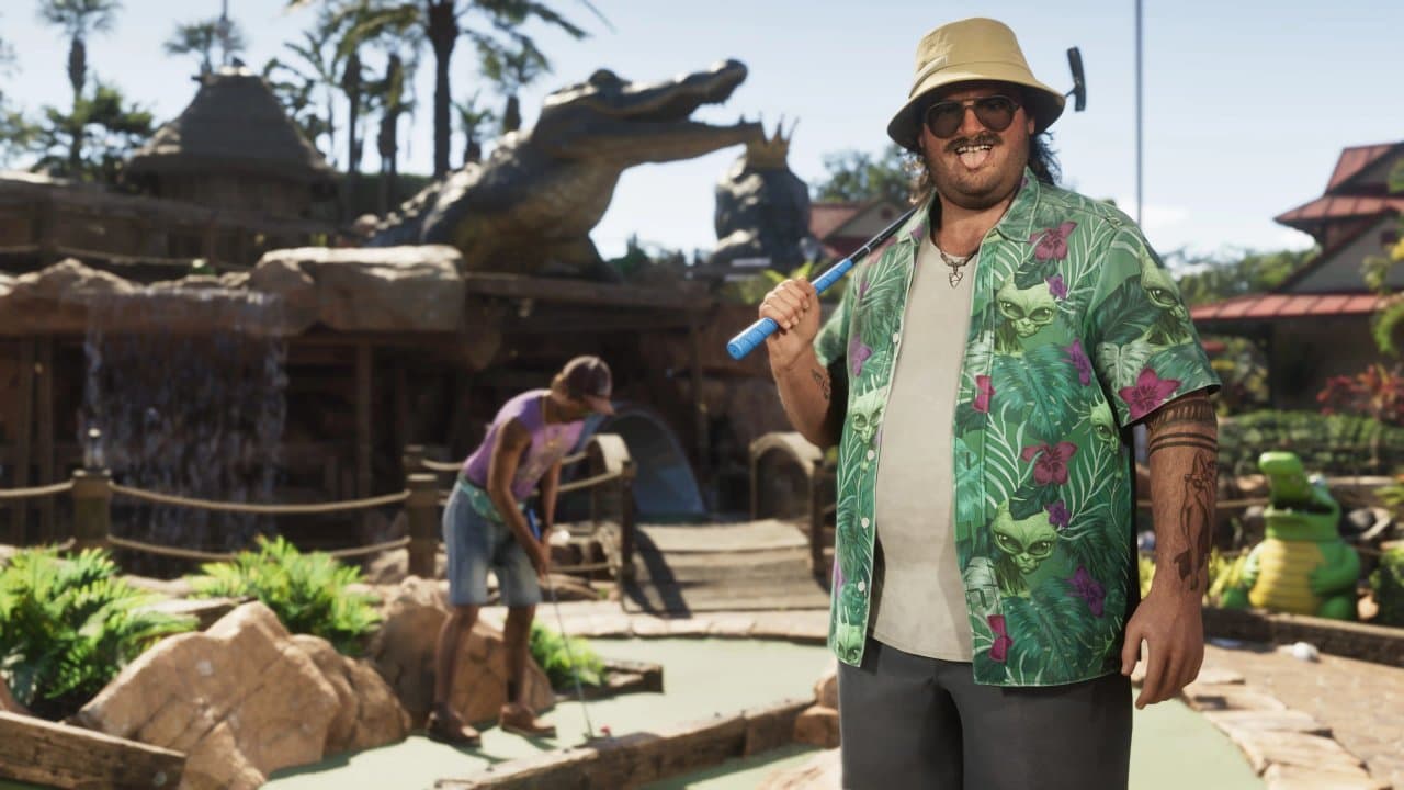 Cal Hampton in his alien-themed Hawaiian shirt and bucket hat at the alligator mini-golf course in Grand Theft Auto VI