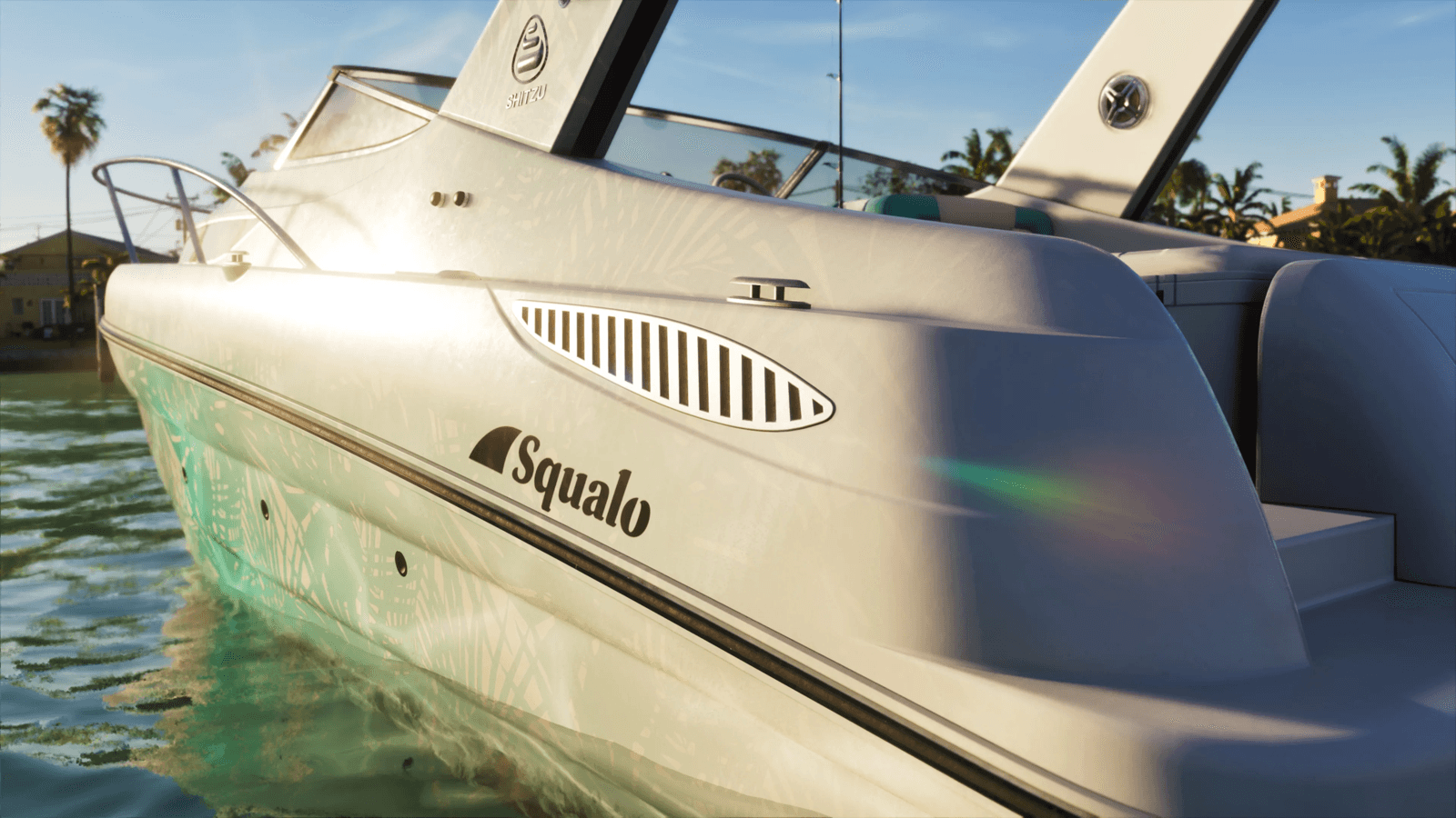 A GTA 6 Shitzu Squalo speedboat moored by palm trees and Vice City homes, the world fans are hunting for clues about