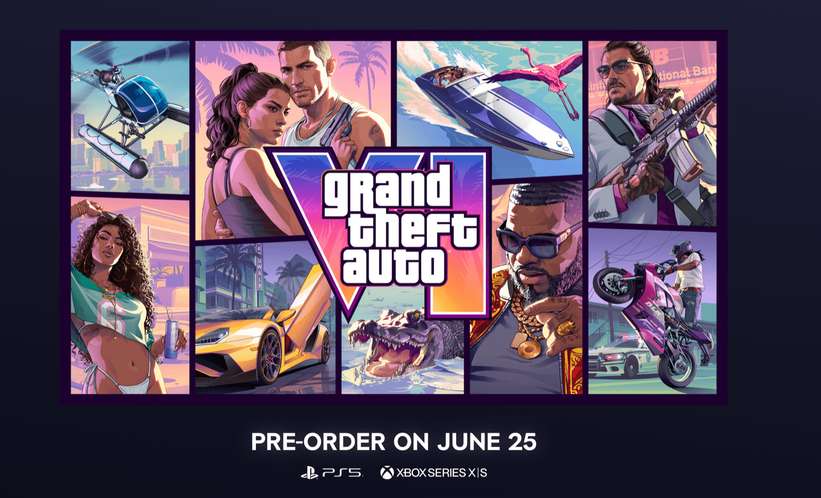The official Grand Theft Auto 6 cover art collage with Jason, Lucia, and the world of Leonida