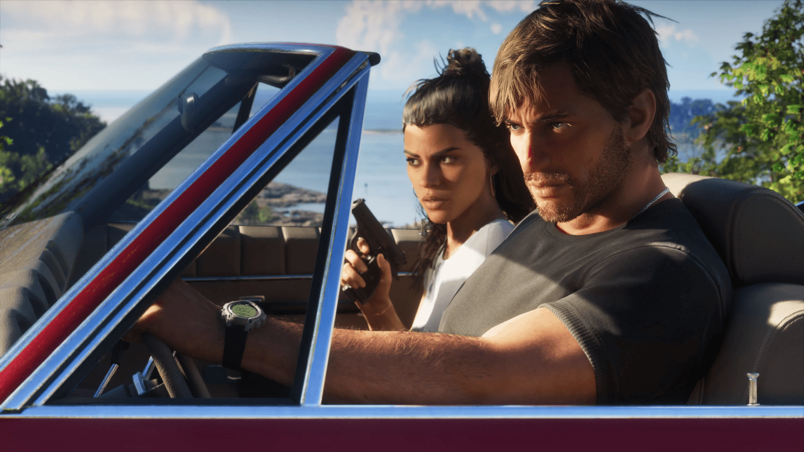 Jason and Lucia driving a convertible along the Leonida coast in GTA 6, official screenshot