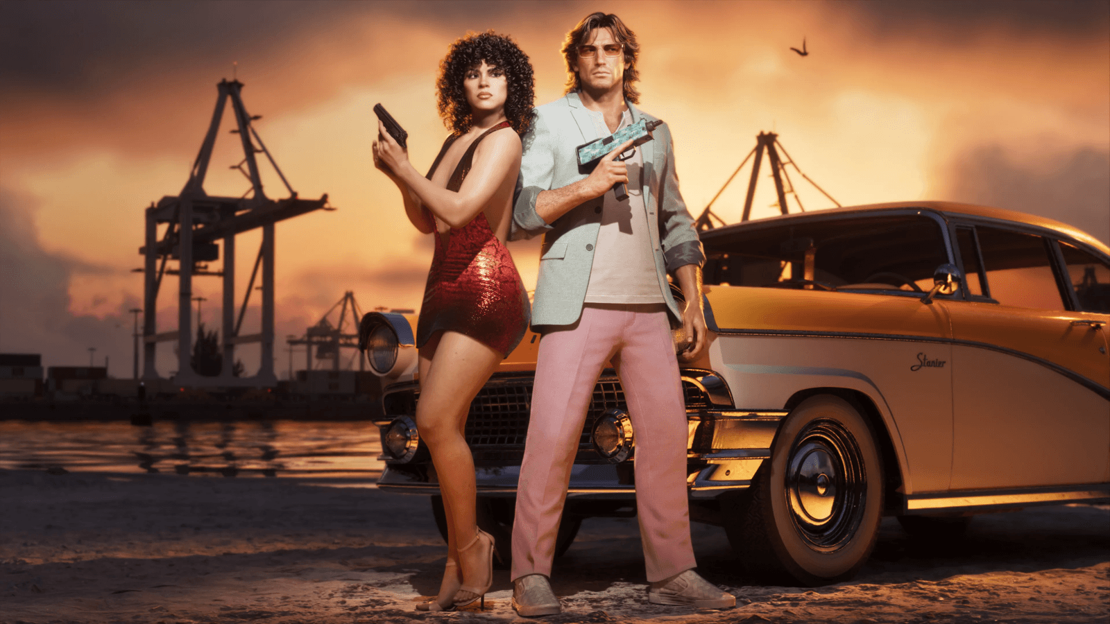 GTA 6 protagonists Jason and Lucia posing with pistols by a classic car at a sunset port, the faces of the new era