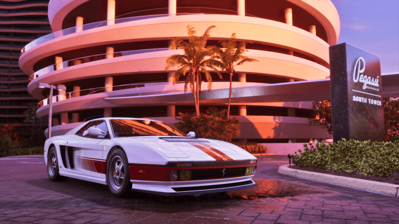 GTA 6 '95 Grotti Cheetah, a white retro supercar with a red stripe, parked outside the Pegassi South Tower in Vice City at dusk