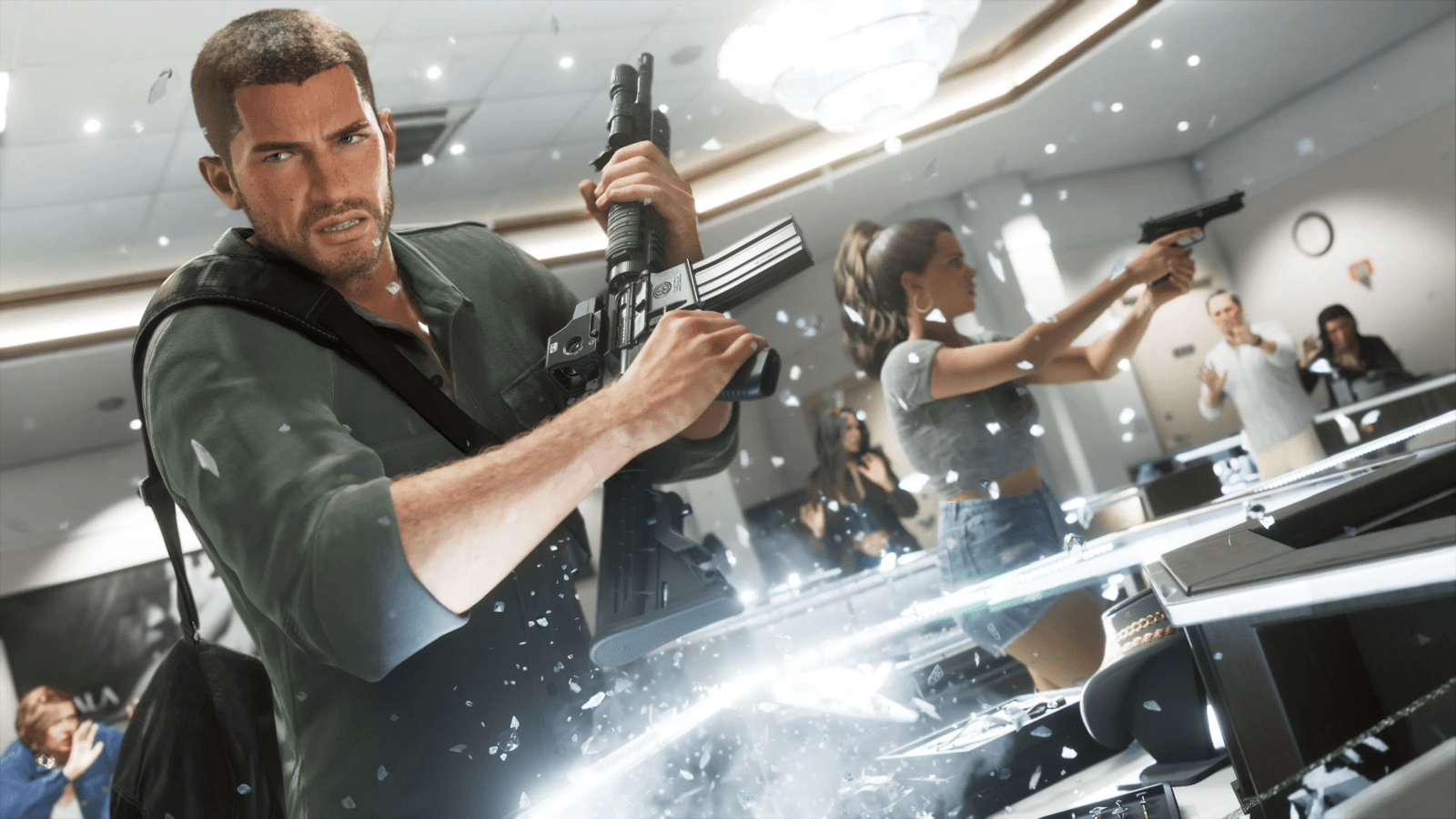 Jason with a rifle and Lucia with a pistol robbing a jewelry store in GTA 6, official screenshot