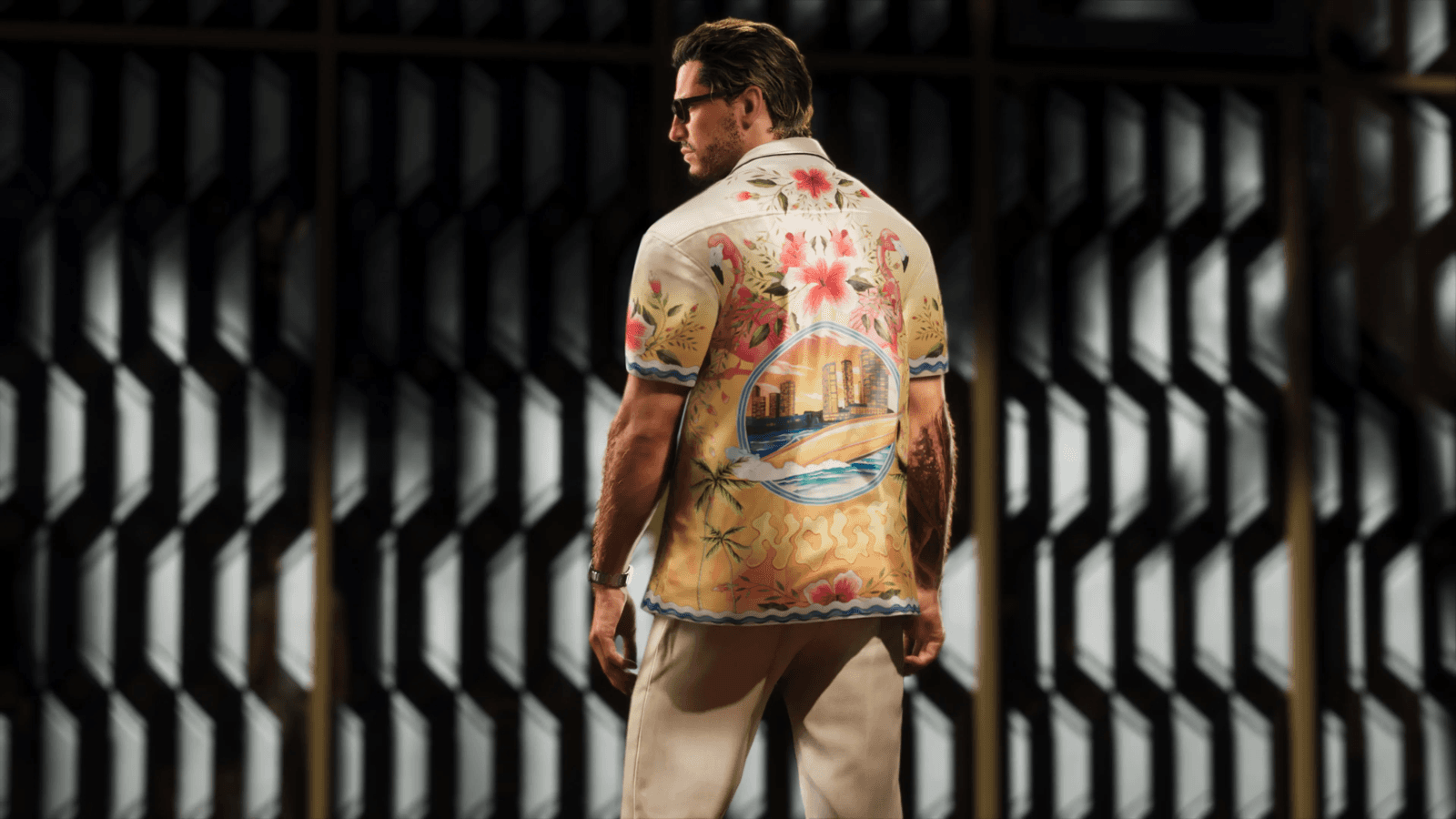 GTA 6 protagonist Jason in a Vice City-print shirt, the face of a game projected to break every sales record