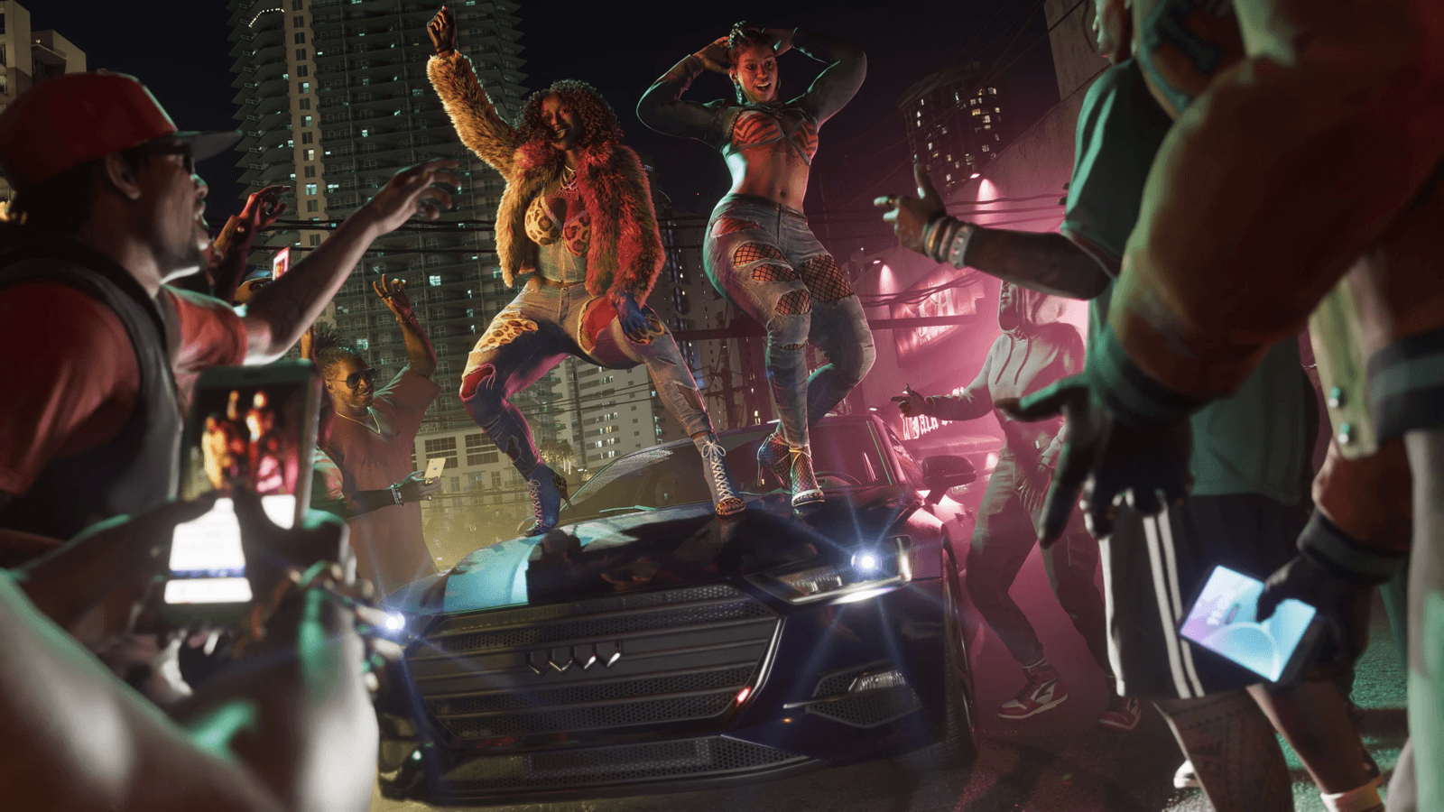 GTA 6 protagonists Jason and Lucia standing together in Vice City