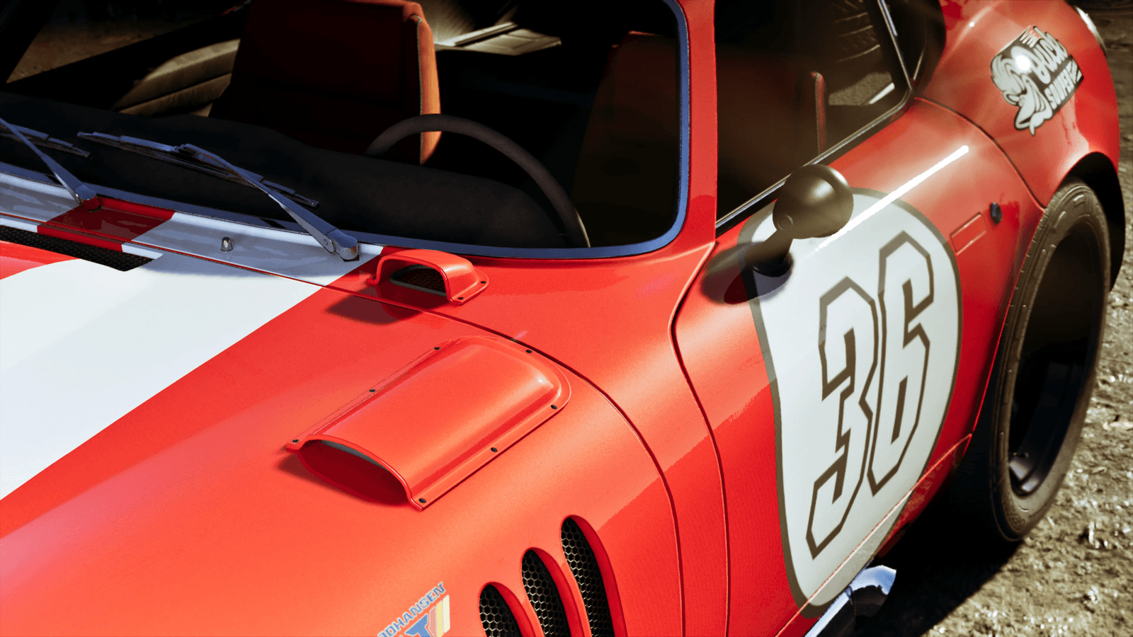 A red racing-liveried classic car in GTA 6, official screenshot