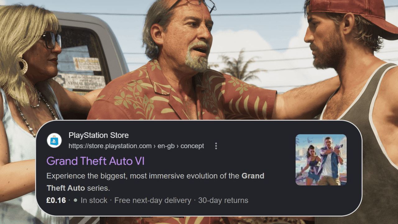 Grand Theft Auto VI press still with the UK PlayStation Store search result overlaid: Grand Theft Auto VI listed at £0.16