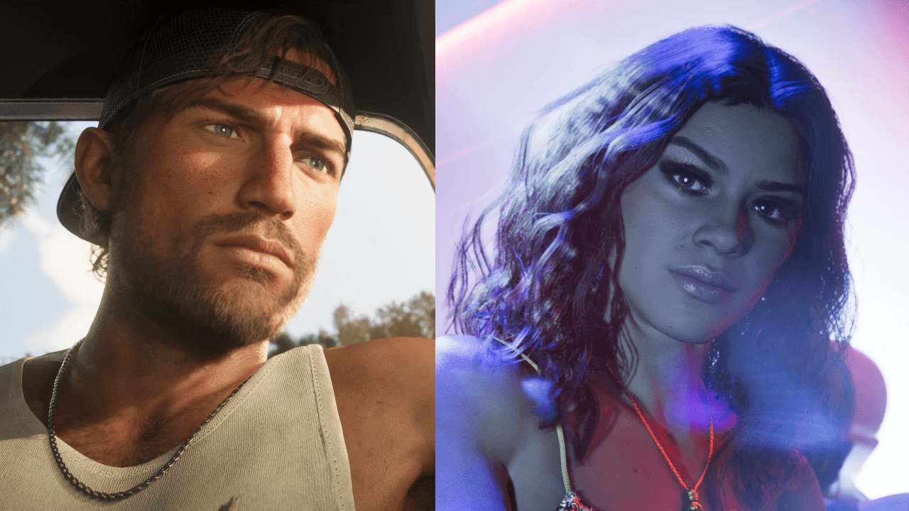 Side-by-side portraits of Jason Duval and Lucia Caminos, the two protagonists of Grand Theft Auto VI