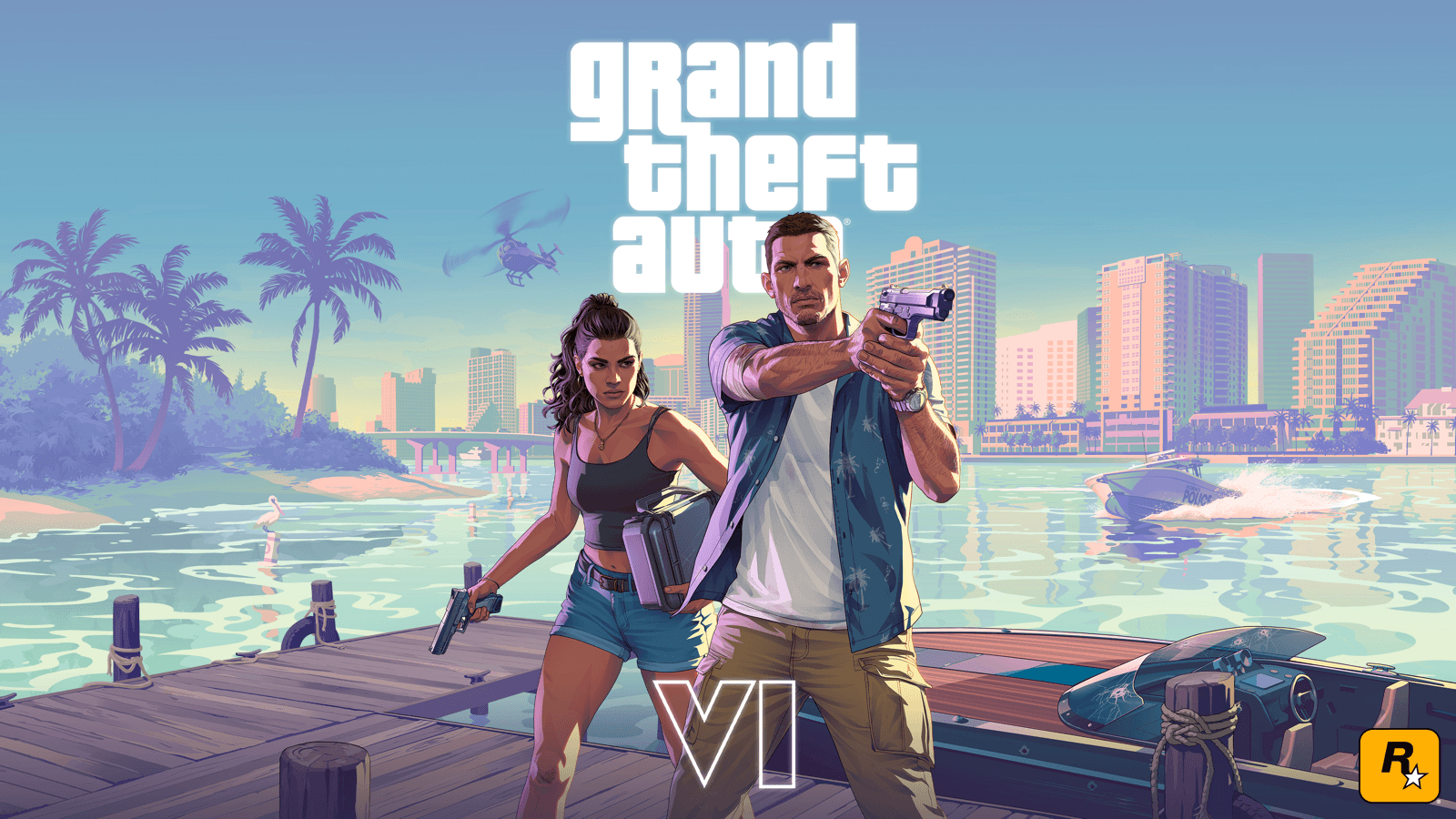 Official Grand Theft Auto 6 key art of Jason and Lucia against the Vice City skyline