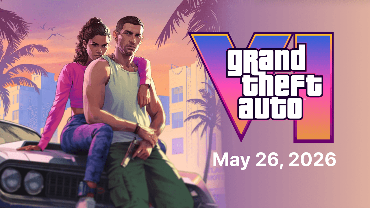 Lucia Caminos and Jason Duval in front of a Vice City sunset with the GTA VI logo and the original May 26, 2026 release date
