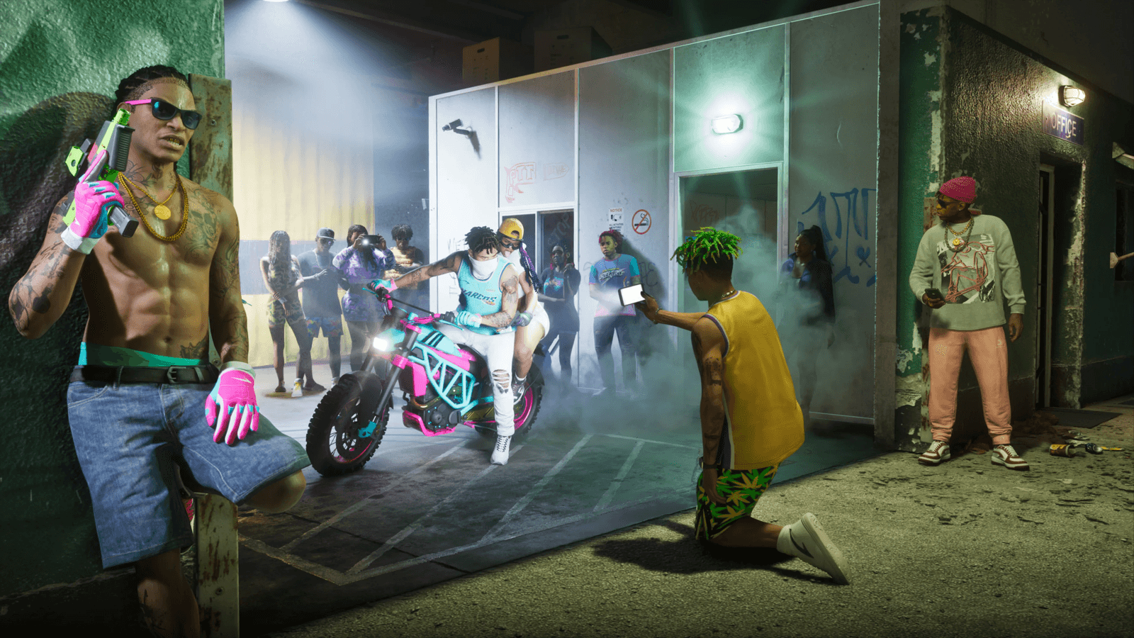 A group of GTA 6 characters gathered around a custom motorcycle on a neon-lit street, the kind of social scene fans expect from GTA Online