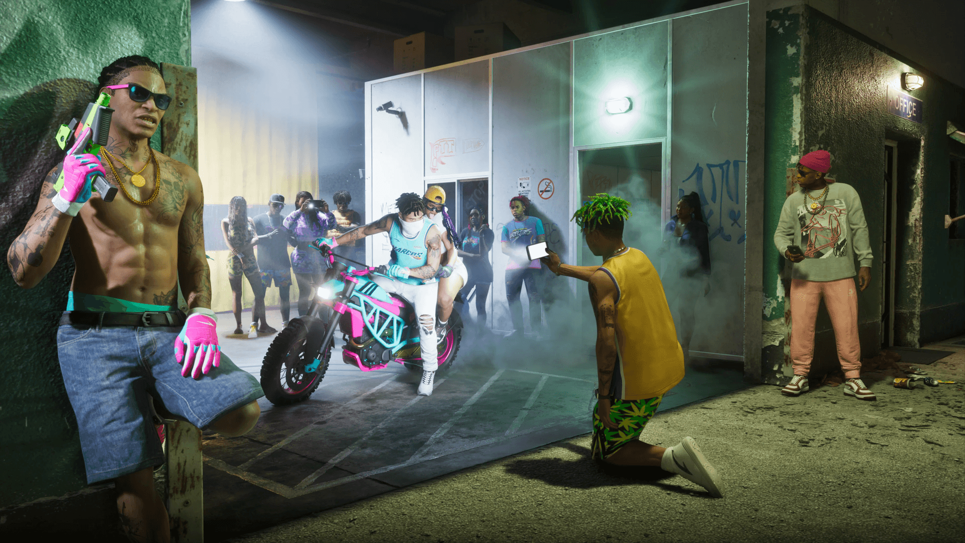 A group of GTA 6 characters gathered around a custom motorcycle on a neon-lit street, the kind of social scene fans expect from GTA Online