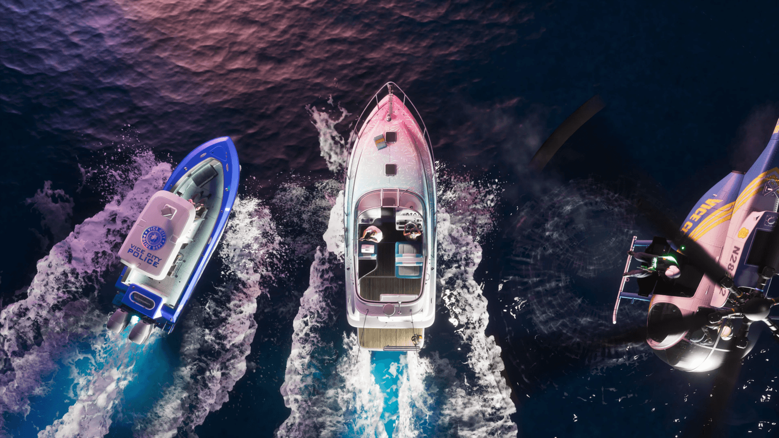 An aerial GTA 6 shot of a police boat chasing a speedboat across the water near a helicopter