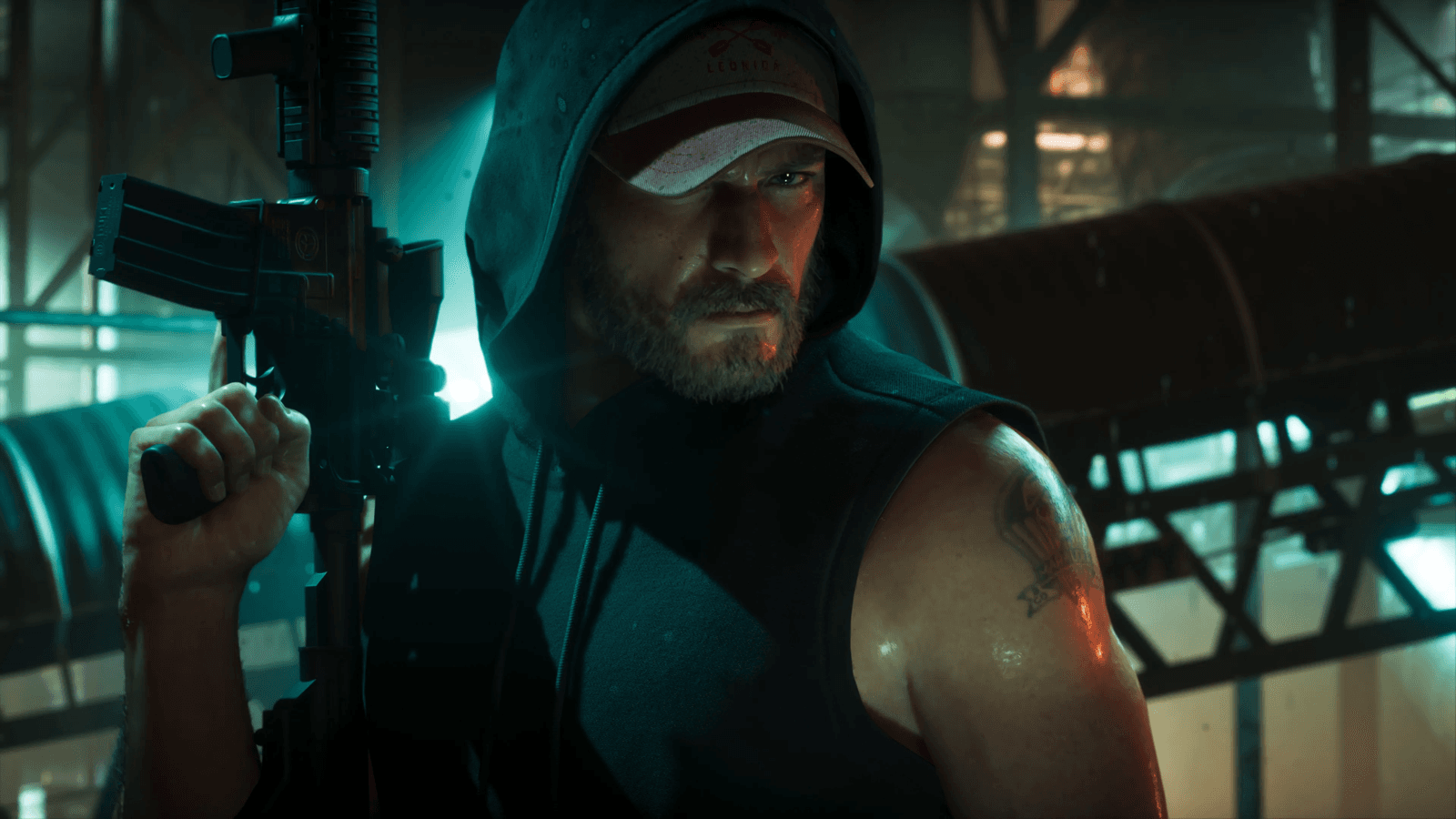 Jason hooded and holding a rifle in a neon-lit interior in GTA 6, official screenshot