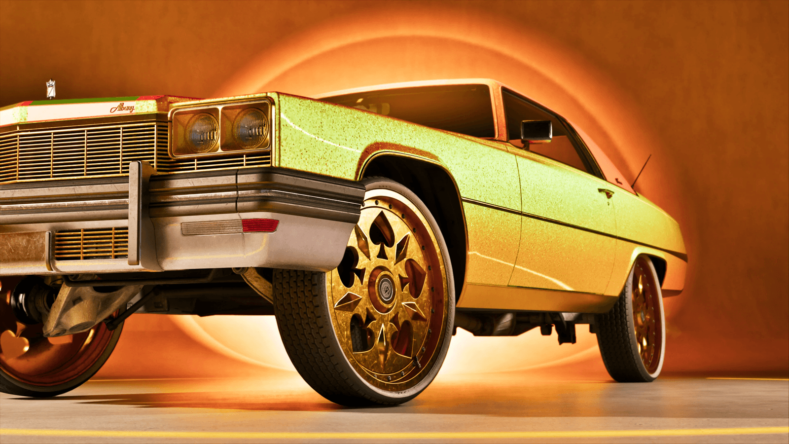 A customized lowrider on gold spoke wheels at Rideout Customs, one of five single-player shops locked behind the GTA 6 Ultimate Edition