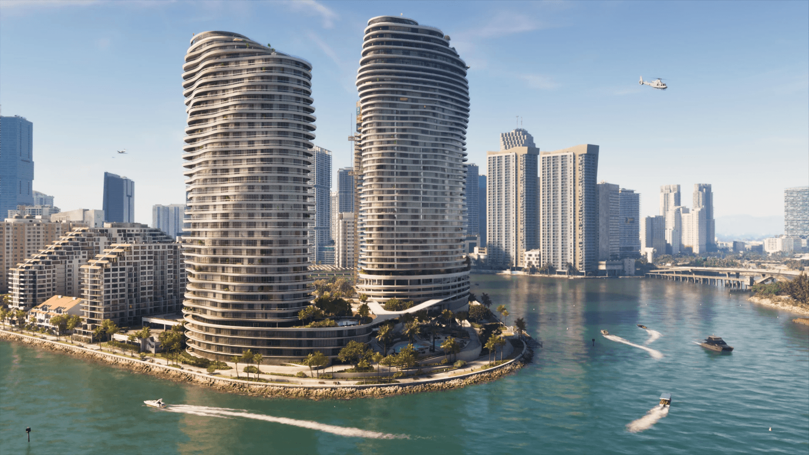 Vice City's curved waterfront towers over the bay in GTA 6, official screenshot