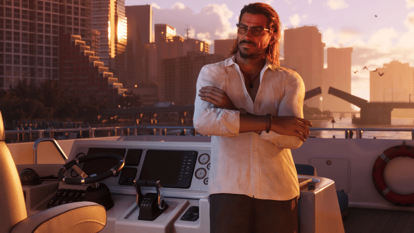 GTA 6 Vice City skyline at sunset on the PS5 and Xbox Series X console-first launch
