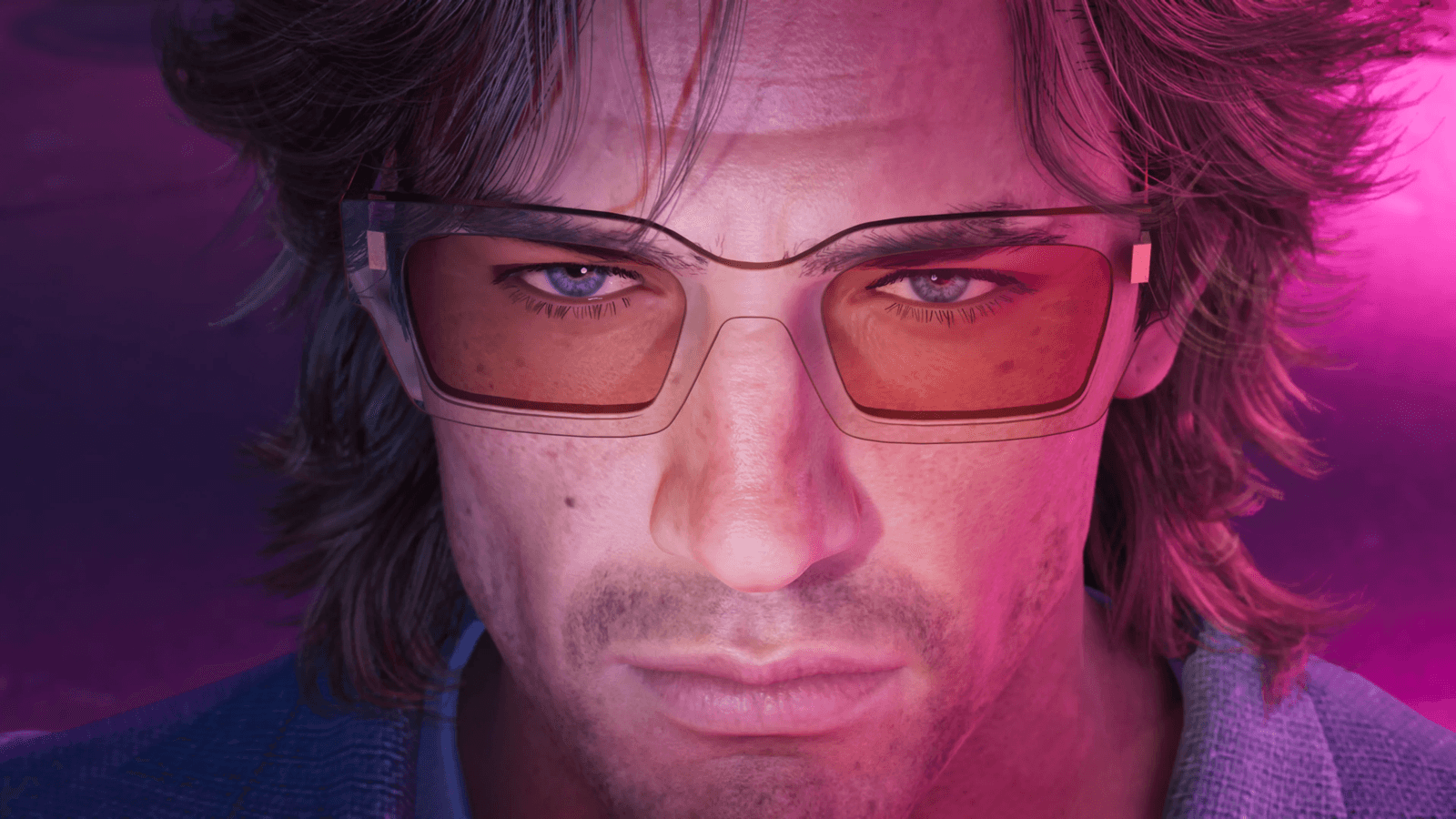 An extreme close-up of GTA 6 protagonist Jason in pink neon light, as fans await Trailer 3
