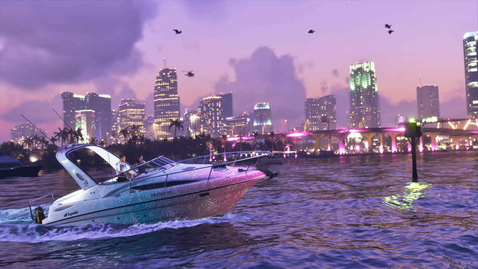 A GTA 6 Shitzu Squalo speedboat cruising past the Vice City skyline at dusk, the game now available to preorder