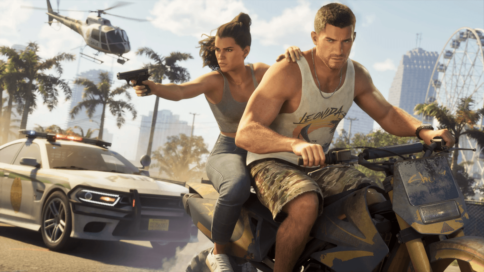 Lucia firing from the back of Jason's dirt bike during a chase in GTA 6, official screenshot