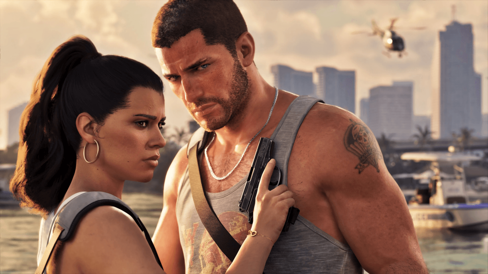 Jason and Lucia on the Vice City waterfront with a helicopter overhead in GTA 6, official screenshot