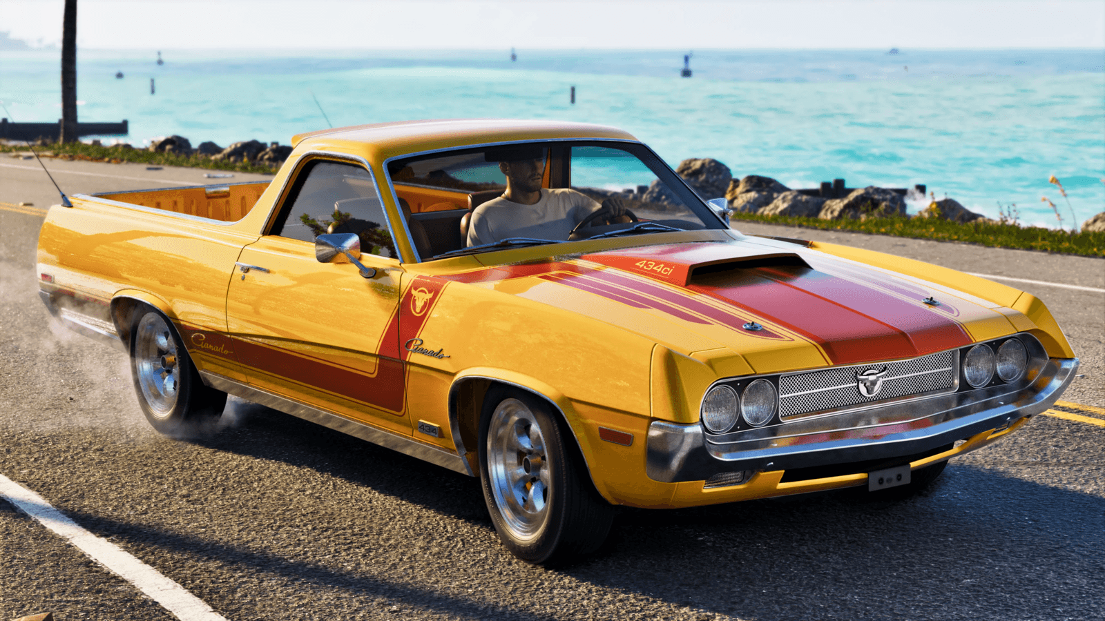 A yellow Vapid Ganado on a coastal Leonida road in GTA 6, official screenshot