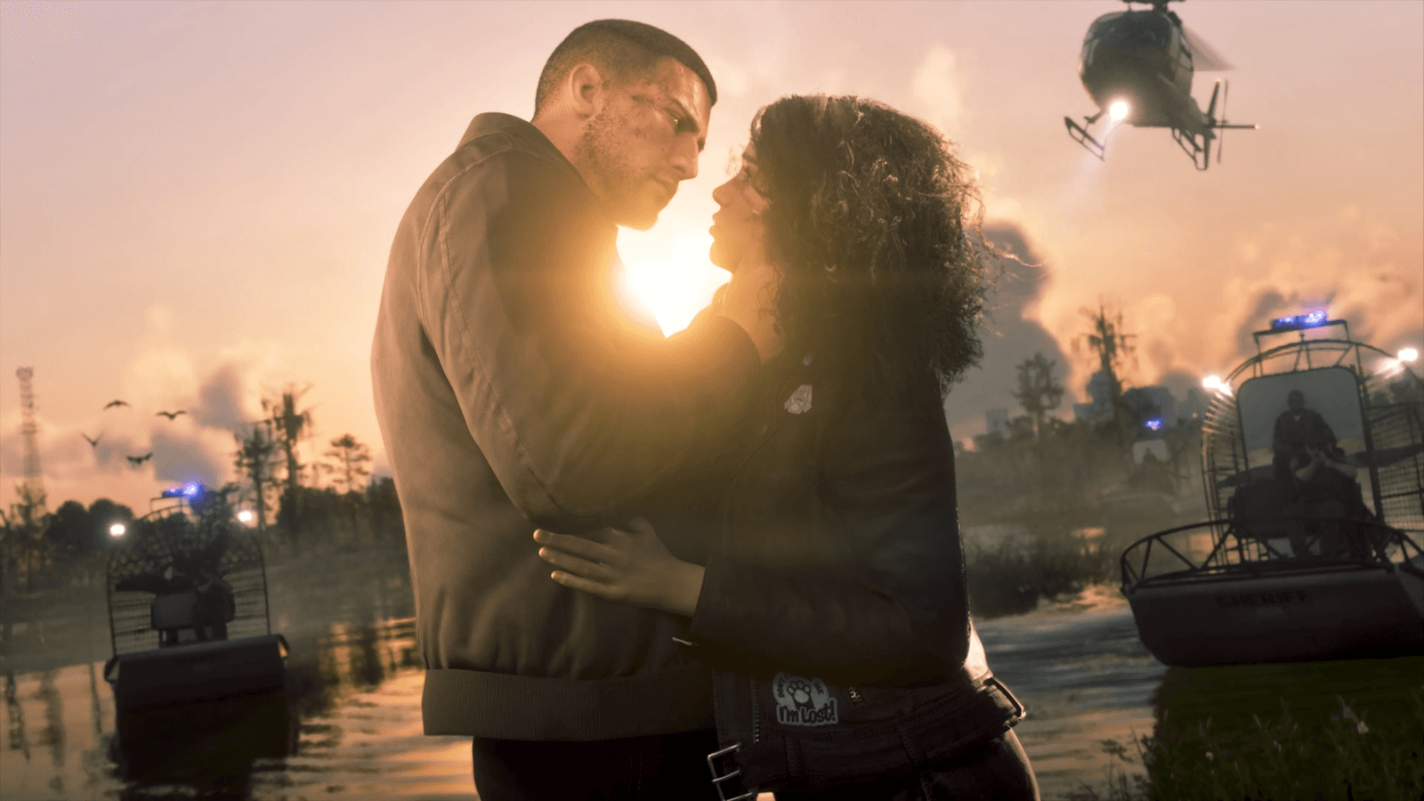 Jason and Lucia embracing at sunset in the Leonida wetlands in GTA 6, official screenshot