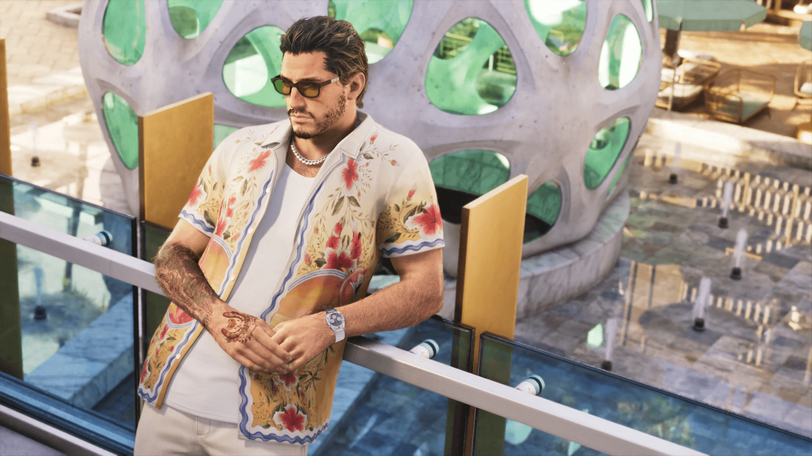 GTA 6 protagonist Jason in designer clothes on a luxury resort balcony, evoking the money behind the game's launch