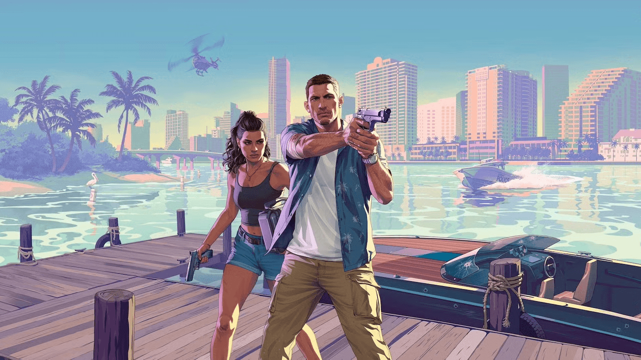 Lucia Caminos and Jason Duval on a Vice City pier, Grand Theft Auto VI key art