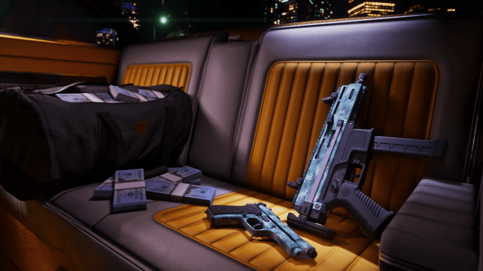 A duffel bag of cash and stacked bills on a car seat in GTA 6