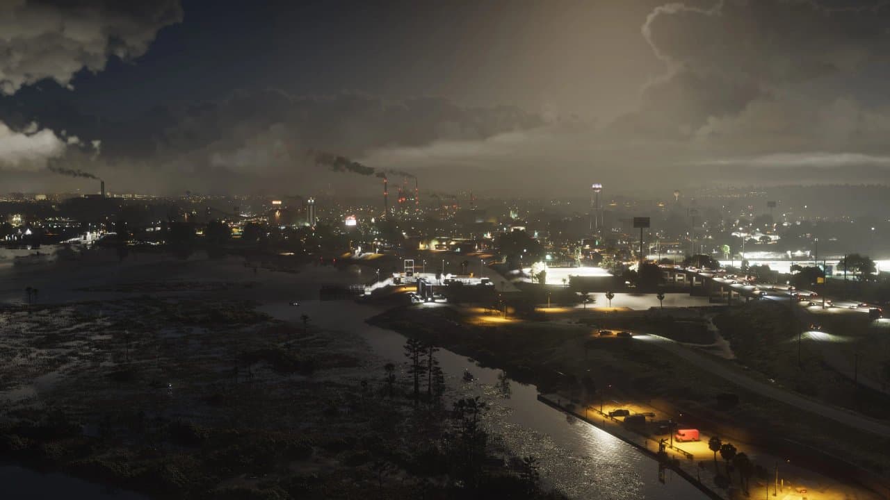 Vice City at night, industrial skyline across the water in Grand Theft Auto VI